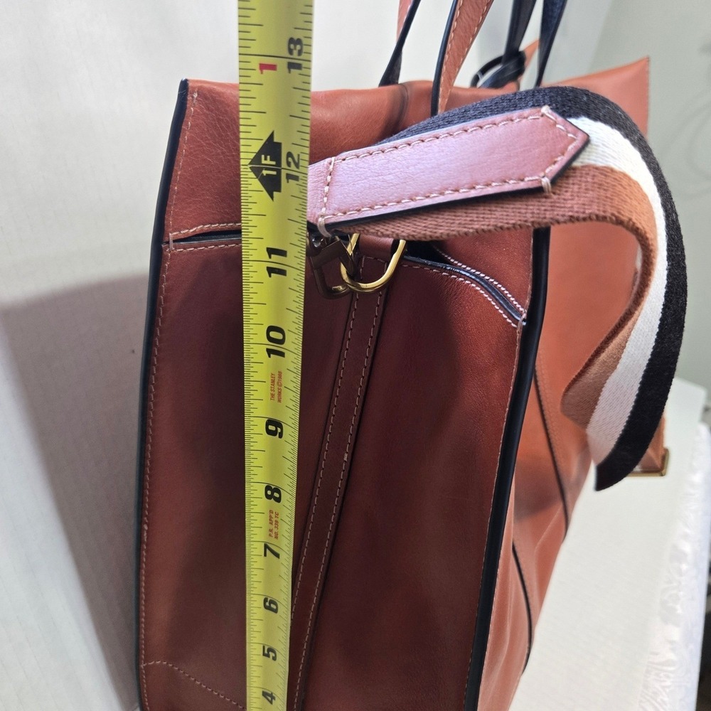 Fossil Brown Leather Tote with Striped Shoulder Strap - Picture 9 of 12